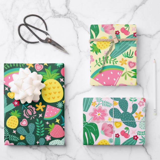 Tropische Festspiele: Obst & Kaktus Geschenkpapier Set (Vorderseite)