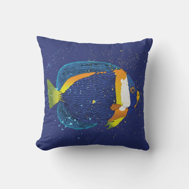 Tropische Fische drucken Navy Blue und Yellow Natu Kissen (Vorderseite)