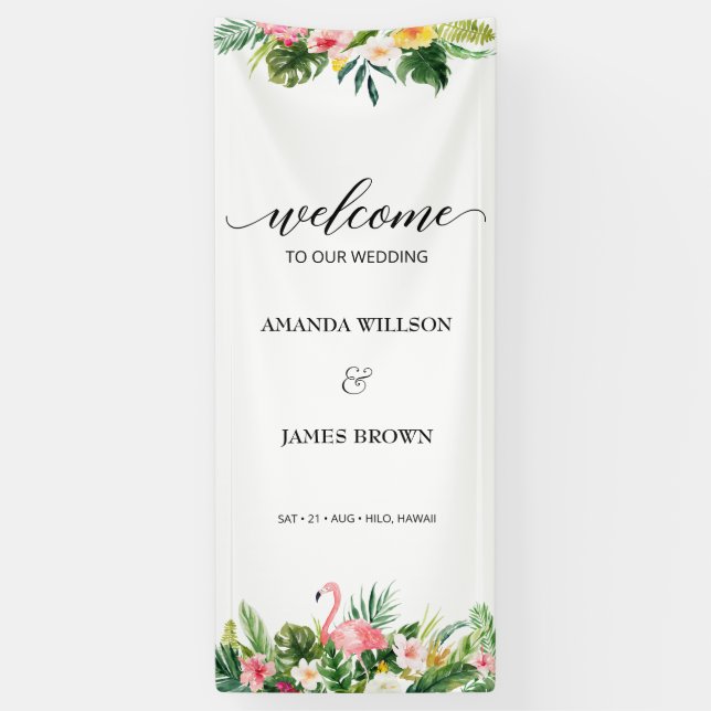 Tropische Flamingo & Blätter Script Wedding Willko Banner (Vertikal)