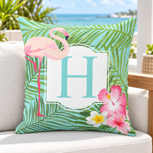 Tropische Flamingo-Palmen-Hibiskus-Monogramm-Initi Kissen
