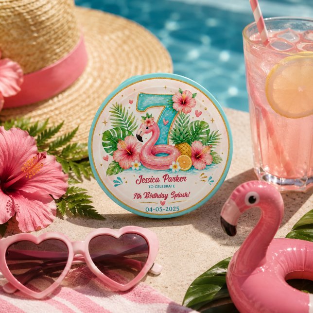 Tropische Flamingo-Poolparty zum 7. Geburtstag Spl Button (Tropical Flamingo Pool Party 7th Birthday Splash Button
)