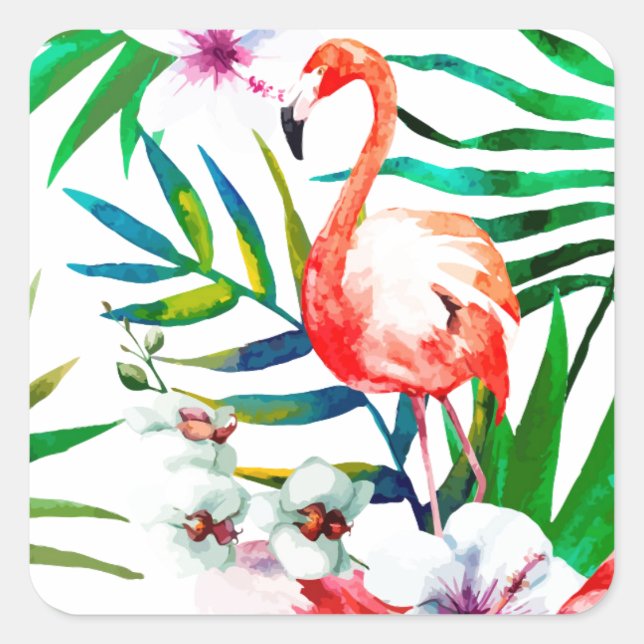 Tropische Flamingokunst Quadratischer Aufkleber (Vorderseite)