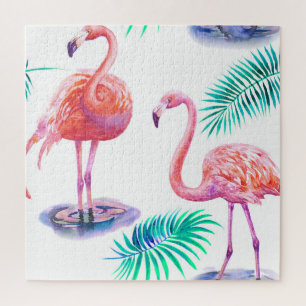 Tropische Flamingos: Orchideen Wasserfarbe Nahtlos Puzzle