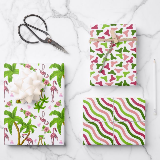 Tropische Flamingos und Blume Geschenkpapier Set (Vorderseite)