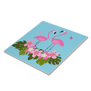 Tropische Flamingos und Blumenbilder Fliese