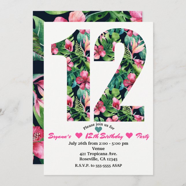 Tropische Flora 12 12. Geburtstagsparty Einladung (Vorne/Hinten)