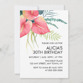 Tropische Flora Rosa Anthurium & Monstera Geburtst Einladung