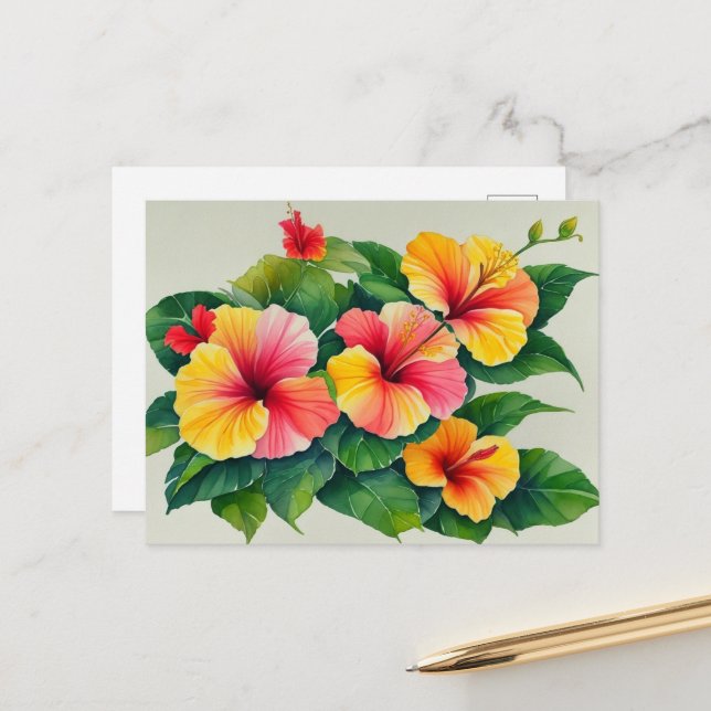 Tropische Flora Roter Gelber Hibiskus Postkarte (Vorderseite/Rückseite Beispiel)