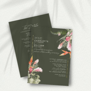 Tropische Florale Grüne RSVP QR Code Hochzeit Gold Folieneinladung