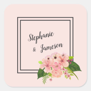 Tropische Florale Hochzeit Groß Rosa & Pfirsich Quadratischer Aufkleber