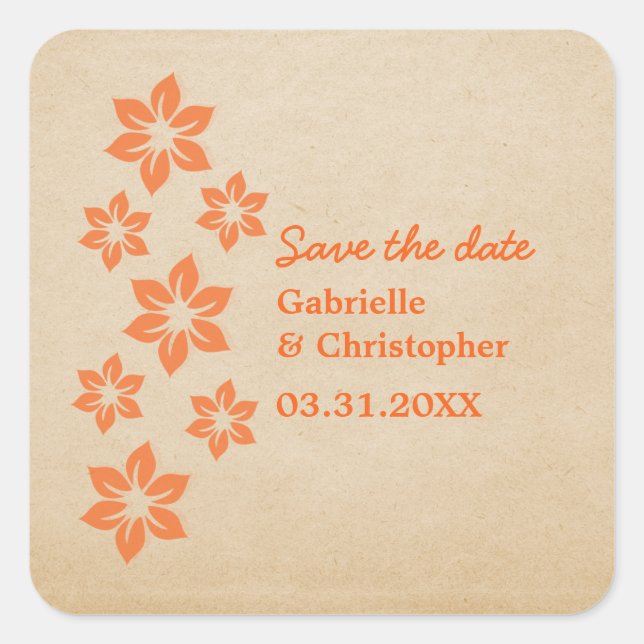 Tropische florale Save the Date Sticker, Orange Quadratischer Aufkleber (Vorderseite)
