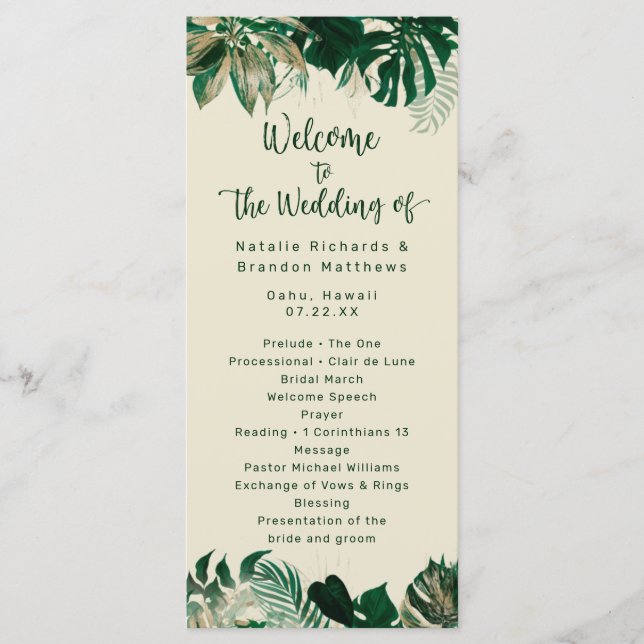 Tropische Foliage & Blätter Chic Hochzeit Programm (Vorderseite)