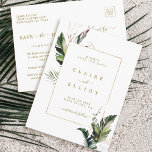 Tropische Foliage Gold-Hochzeit retten das Datum Ankündigungspostkarte<br><div class="desc">Diese Hochzeit speichern Sie das Datum Einladungskarte mit Aquarell grünes tropisches Blattwerk,  Palmen Blätter,  Bananen-Blätter mit einem goldenen Rechteck Rahmen. Es ist ideal für einen Strand oder eine Hochzeit in Urlaubsort. >>>> Karo aus der gesamten Auflistung >>> https://www.zazzle.com/collections/tropical_foliage_gold_collection-119316977990783186</div>