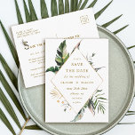 Tropische Foliage Hochzeit speichern das Datum Gol Ankündigungspostkarte<br><div class="desc">Diese Hochzeit speichern Sie das Datum Postkarte mit Aquarell grünes tropisches Blattwerk,  Palmen Blätter,  Bananenstauden Blätter mit einem goldenen Rahmen Diamantform. Es ist ideal für einen Strand oder eine Hochzeit in Urlaubsort. >>>> Karo aus der gesamten Auflistung >>> https://www.zazzle.com/collections/tropical_foliage_gold_collection-119316977990783186</div>