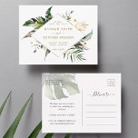 Tropische Foliage Wedding Gold Save the Date Ankündigungspostkarte<br><div class="desc">Diese Hochzeit speichert das Datum Postkarte mit Aquarellpalmen Blätter,  Bananenstauden-Blätter,  exotische tropische Blätter,  Monstera und Imitate goldene Blätter mit einem Imitat Gold Diamantform Rahmen. Es ist perfekt für einen tropischen,  Strand,  Sommer oder Hochzeit in Urlaubsort.</div>