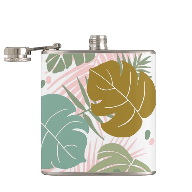 Tropische Folien - Muster aus Monstera und Palmblä Flachmann (Geöffnet)