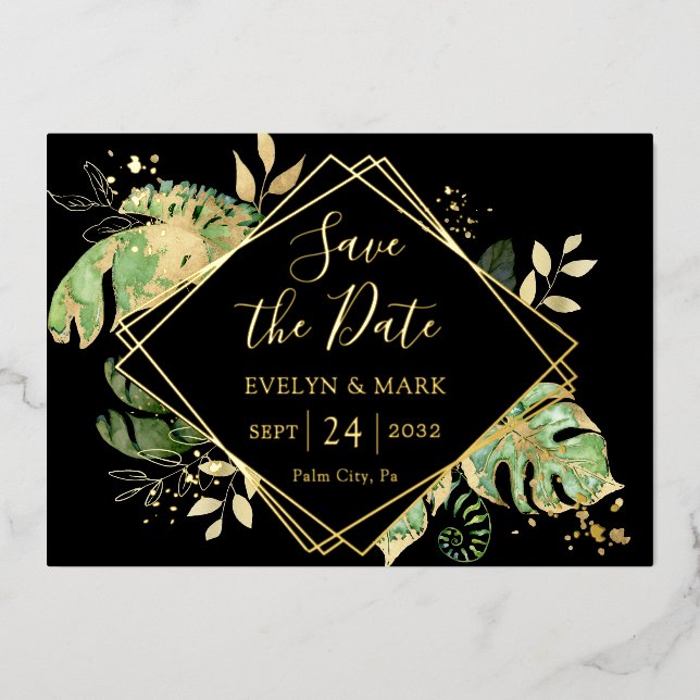 Tropische Folien-Schwarz-Gold-Folie Save the Date Folieneinladung (Vorderseite)