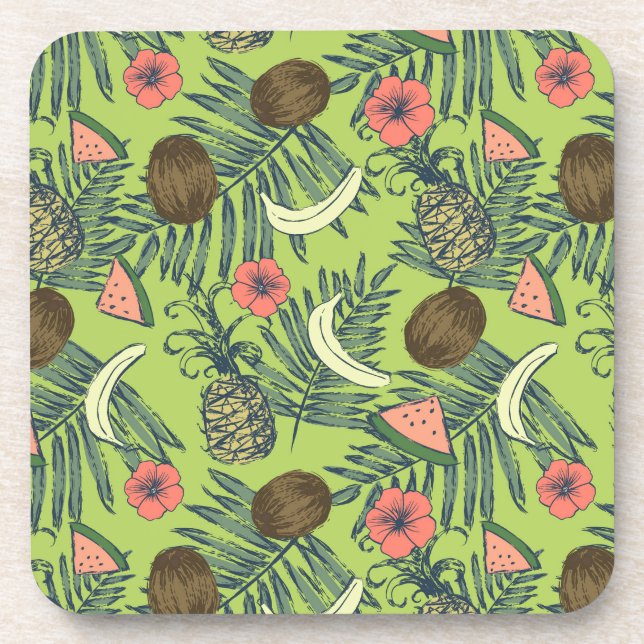 Tropische Frucht-Skizze auf grünem Muster Untersetzer (Vorderseite)