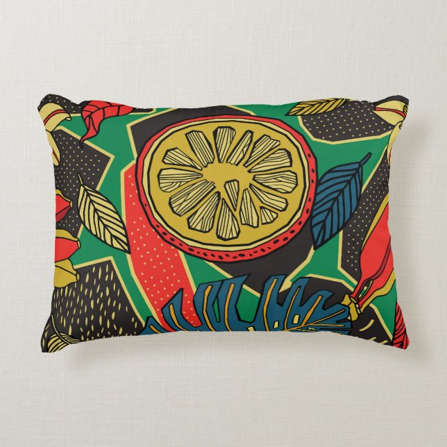 Tropische Früchte, Blätter, doodle Blumenmuster. Dekokissen (Vorderseite)