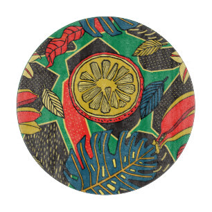 Tropische Früchte, Blätter, doodle Blumenmuster. Schneidebrett
