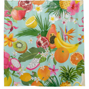 Tropische Früchte, Blume: Vintager Hintergrund. Duschvorhang