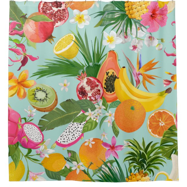 Tropische Früchte, Blume: Vintager Hintergrund. Duschvorhang (Vorderseite)