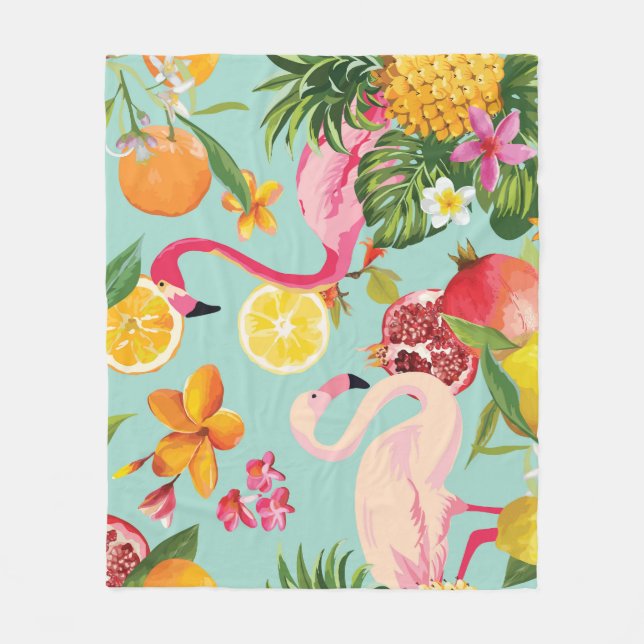 Tropische Früchte Flamingo Vintages Muster Fleecedecke (Vorderseite)