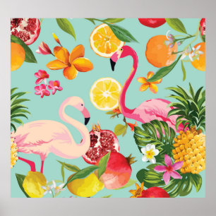 Tropische Früchte Flamingo Vintages Muster Poster