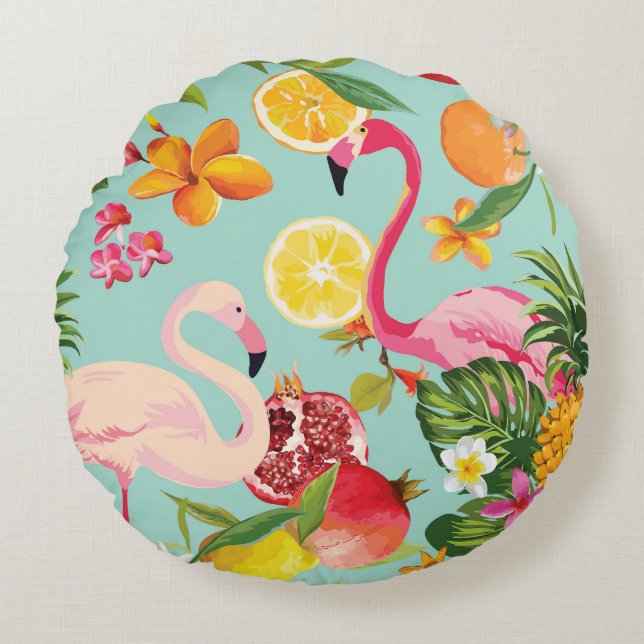 Tropische Früchte Flamingo Vintages Muster Rundes Kissen (Vorderseite)
