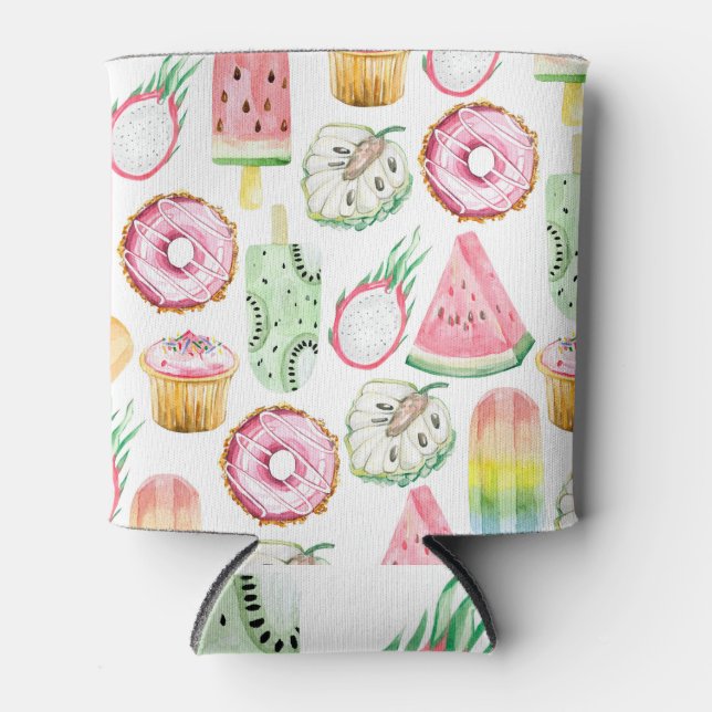 Tropische Früchte in Aquarellfarbe, Eis-Muster. Dosenkühler (Vorderseite)