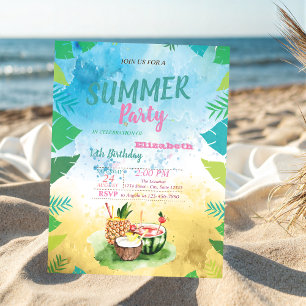 Tropische Früchte, Palmwedel Sommer Geburtstagsfei Einladung