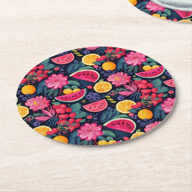 Tropische Früchte und Blume Runder Pappuntersetzer (Angewinkelt)