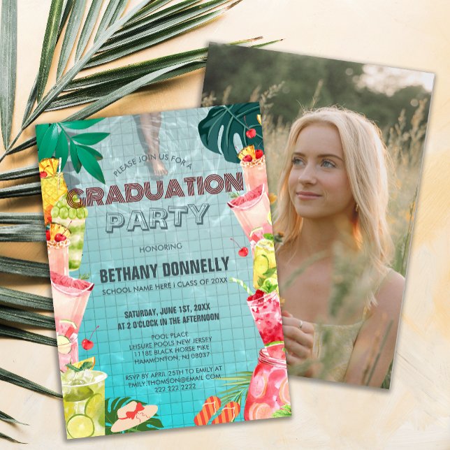Tropische Fruchtgetränke Pool Graduation Party Einladung (Tropical Summer Pool High School Graduation Party Invite )