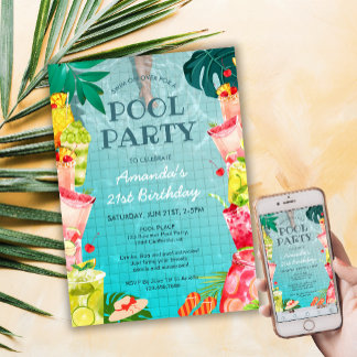Tropische Fruchtgetränke Pool Party Erwachsene Geb Einladung