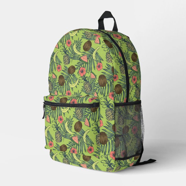 Tropische Fruchtskizze auf grünem Muster Bedruckter Rucksack (Rückseitige Ecke Rechts)