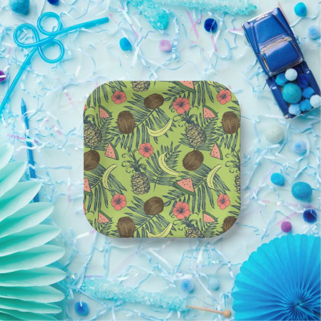 Tropische Fruchtskizze auf grünem Muster Pappteller (Party)