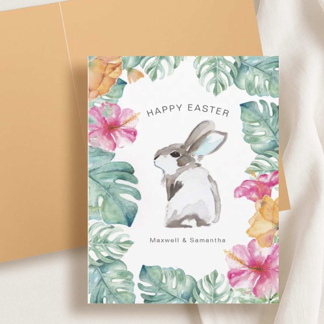 Tropische Frühlingskarte Feiertagskarte (Unique Easter cards designed with tropical botanicals and a watercolor bunny art. )