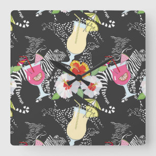 Tropische Getränke mit Tieren Quadratische Wanduhr