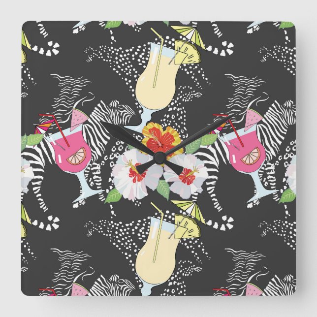 Tropische Getränke mit Tieren Quadratische Wanduhr (Vorderseite)
