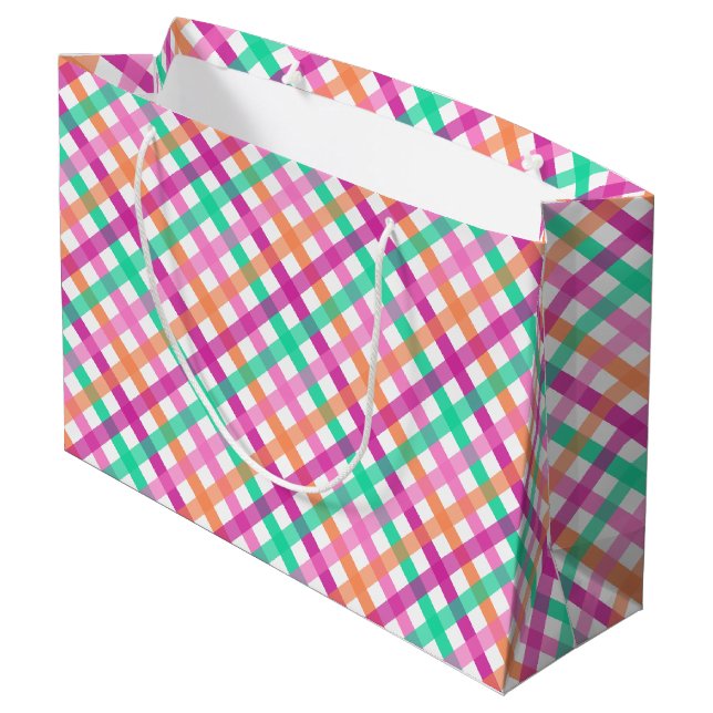 Tropische Gingham-Geschenktasche groß Große Geschenktüte (Rückseite Schrägansicht)