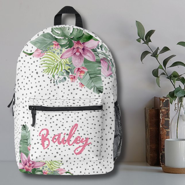 Tropische Girls mit Personalisiertem Namen Bedruckter Rucksack (Cute Trendy Dot Pattern Floral Tropical Watercolor Printed Backpack)