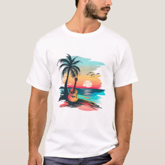 Tropische Gitarre Sonnenuntergang Strand Kunst | S T-Shirt