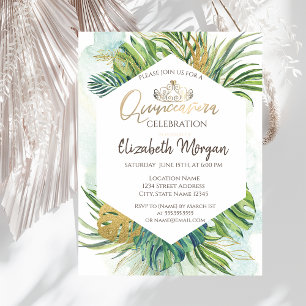 Tropische goldene Palmwedel Sommer Quinceañera Einladung