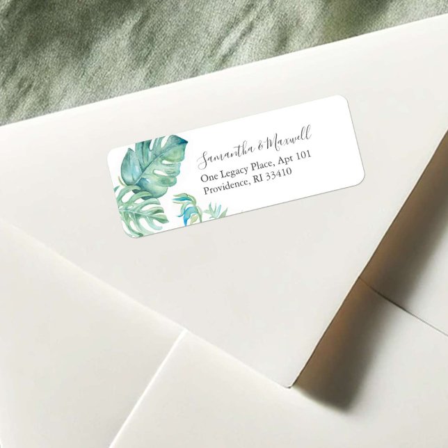 Tropische grüne Blätter Aquarellfarben Rücksendead (tropical watercolor return address labels unique monstera palm leaf art by Victoria Grigaliunas )