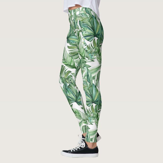 Tropische grüne Blätter Wasserfarbe Leggings (Links)