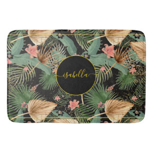 Tropische grüne Palme Blätter Monogram Black Bath Badematte