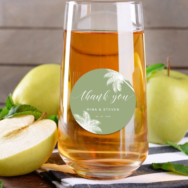 Tropische grüne Palme Danke Hochzeit Runder Aufkleber (Von Creator hochgeladen)