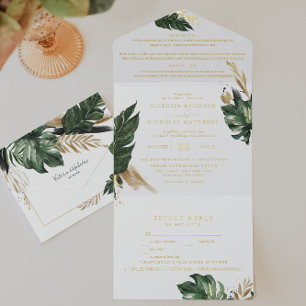 Tropische grüne Palme- und Bananenblatt-Hochzeit  All-in-One-Einladung