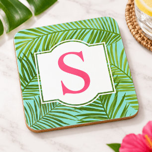 Tropische grüne Palmwedel mit Monogramm-Initiale i Getränkeuntersetzer