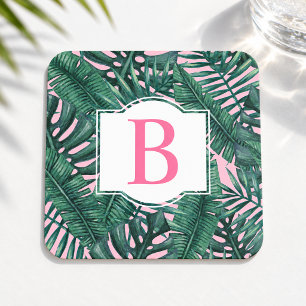 Tropische grüne Palmwedel rosa Monogramm Rechteckiger Pappuntersetzer